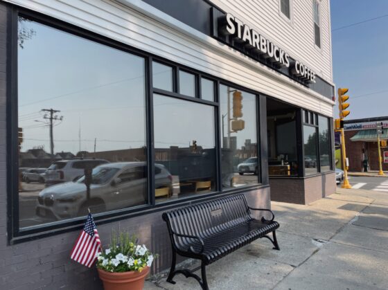 Celebration Bench for Needham Cyclist Parks Outside Starbucks